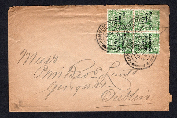 IRELAND - 1923 - PROVISIONAL ISSUE & CANCELLATION: Cover franked with block of four 1922 ½d green 'Irish Free State' overprint issue, 'Thom' printing (SG 52) tied by three strikes of MARYBOROUGH cds dated 19 MAR 1923. Addressed to DUBLIN.  (IRE/20716)