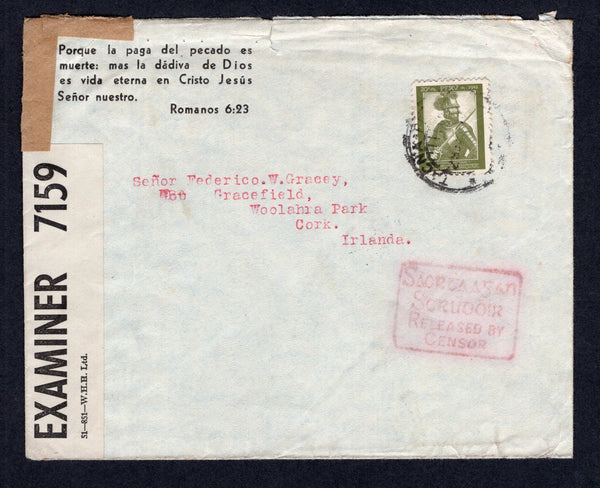 IRELAND - 1943 - CENSORED MAIL: Incoming cover from PERU franked with 1943 20c olive green (SG 680) tied by TACNA cds with CALLAO transit cds on reverse. Addressed to CORK and censored in transit in UK with 'OPENED BY EXAMINER 7159' censor strip at right and censored in Ireland with fine strike of boxed  'SAORTA AG AN SCRUDOIR RELEASED BY CENSOR' cachet in red on front.  (IRE/20720)