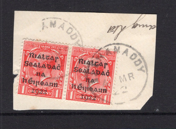 IRELAND - 1922 - PROVISIONAL ISSUE & CANCELLATION: 1d scarlet GV issue with 'Provisional Government of Ireland 1922' DOLLARD overprint in black a fine pair tied on piece by GLENANADDY cds dated 4 MAR 1922. (SG 2)  (IRE/24576)