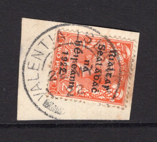 IRELAND - 1922 - PROVISIONAL ISSUE & CANCELLATION: 2d orange GV issue with 'Provisional Government of Ireland 1922' first THOM overprint in black (Die 1) tied on piece by VALENTIA ISLAND cds dated 22 MAY 1922. Very scarce. (SG 12)  (IRE/24587)