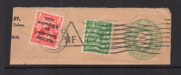IRELAND - 1922 - REDIRECTED MAIL & PROVISIONAL ISSUE: Great Britain ½d green GV postal stationery piece from envelope (H&G KB39) with added 1912 ½d green GV issue (SG 351) tied by triangular 'HF' machine cancel. The full cover would have originally been addressed to Ireland with added 1922 1d carmine GV with 'Provisional Government of Ireland 1922' first DOLLARD overprint in black (SG 2) applied and cancelled by LUIMNEACH (Limerick) cds dated 22 MAY 1922. Probably applied to forward the letter.  (IRE/29511