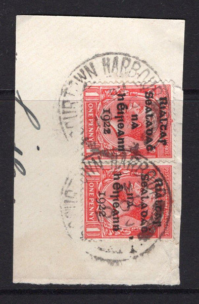 IRELAND - 1922 - PROVISIONAL ISSUE & CANCELLATION: 1d scarlet GV issue with 'Provisional Government of Ireland 1922' first DOLLARD overprint in black pair tied on piece by two good strikes of COURTOWN HARBOUR cds dated 10 OC 1922. (SG 2)  (IRE/29524)