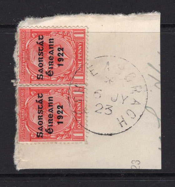IRELAND - 1923 - PROVISIONAL ISSUE & CANCELLATION: 1d scarlet GV issue with 'Irish Free State 1922' THOM overprint in blue black, two copies tied on piece by good strike of ATH EASCRAGH cds dated 6 JUL 1923. A scarce cancel. (SG 53)  (IRE/29536)