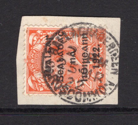 IRELAND - 1922 - PROVISIONAL ISSUE & CANCELLATION: 2d orange GV issue, Die 1 with 'Provisional Government of Ireland 1922' first THOM overprint in black tied on piece by fine strike of BALLAGHADERREEN ROSCOMMON cds dated 25 MAR 1922. (SG 12)  (IRE/29551)