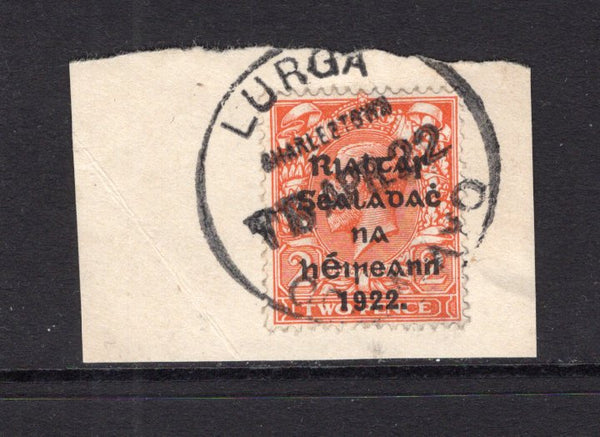 IRELAND - 1922 - PROVISIONAL ISSUE & CANCELLATION: 2d orange GV issue, Die 1 with 'Provisional Government of Ireland 1922' first THOM overprint in black tied on piece by fine strike of LURGHA CHARLESTOWN CO. MAYO cds dated 18 APR 1922. A scarce cancel. (SG 12)  (IRE/29555)