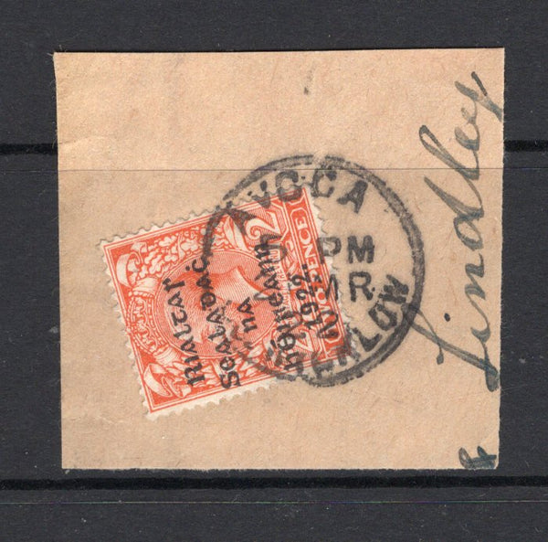 IRELAND - 1922 - PROVISIONAL ISSUE & CANCELLATION: 2d orange GV issue, Die 1 with 'Provisional Government of Ireland 1922' first THOM overprint in black tied on piece by fine strike of AVOCA Co. WICKLOW cds dated 21 MAR 1922. (SG 12)  (IRE/29557)
