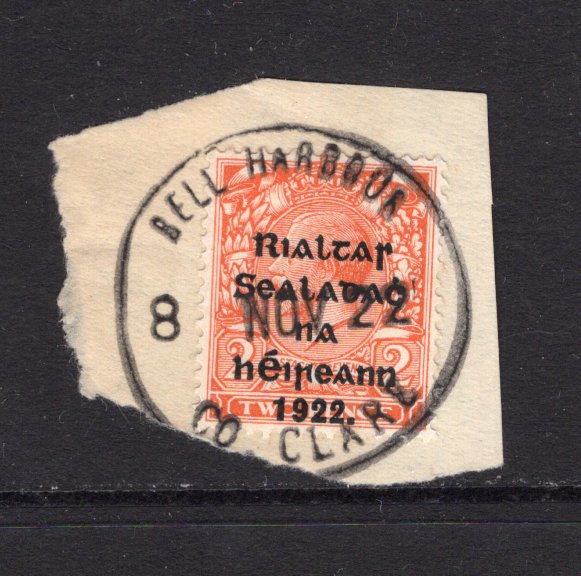 IRELAND - 1922 - PROVISIONAL ISSUE & CANCELLATION: 2d orange GV issue, Die 2 with 'Provisional Government of Ireland 1922' second THOM overprint in blue black tied on piece by fine strike of BELL HARBOUR CO. CLARE temporary rubber cds dated 8 NOV 1922. (SG 34)  (IRE/29579)