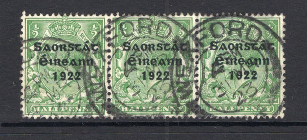 IRELAND - 1922 - PROVISIONAL ISSUE & CANCELLATION: ½d green GV issue with 'Irish Free State 1922' THOM overprint in blue black, a strip of three used with two good strikes of WEXFORD cds dated 31 MAR 1923. (SG 52)  (IRE/30276)