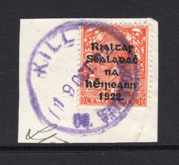 IRELAND - 1922 - PROVISIONAL ISSUE & CANCELLATION: 2d orange GV issue, Die 2 with 'Provisional Government of Ireland 1922' second THOM overprint in blue black tied on piece by fine strike of KILL CO. WATERFORD provisional cds in purple dated 19 OCT 1922. Scarce. (SG 34)  (IRE/32684)