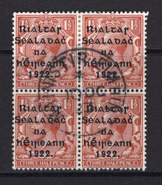 IRELAND - 1922 - PROVISIONAL ISSUE & CANCELLATION: 1½d red brown GV issue with 'Provisional Government of Ireland 1922' THOM 'Wide setting' overprint in blue black, a fine used block of four with central MAINISTIR EIMHIN cds dated 10 OCT 1923. A scarce block. (SG 49)  (IRE/32688)