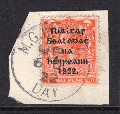 IRELAND - 1922 - CANCELLATION & TRAVELLING POST OFFICE: 2d orange GV issue, Die 1 with 'Provisional Government of Ireland 1922' first THOM overprint in black tied on piece by good strike of M.G.W.T.P.O. UP DAY travelling post office cds dated 6 OCT 1922. (SG 12)  (IRE/32788)