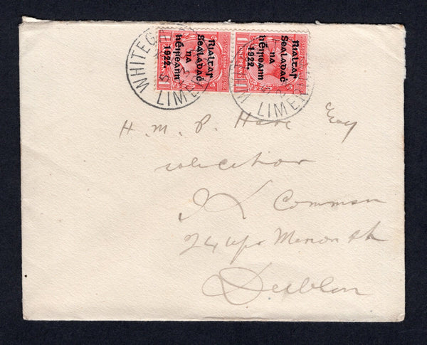 IRELAND - 1923 - PROVISIONAL ISSUE & CANCELLATION: Cover franked with pair 1922 1d scarlet GV issue with 'Provisional Government of Ireland 1922' second THOM overprint in blue black (SG 31) tied by two fine strikes of WHITEGATE LIMERICK cds dated 5 FEB 1923. Addressed to DUBLIN.  (IRE/32879)