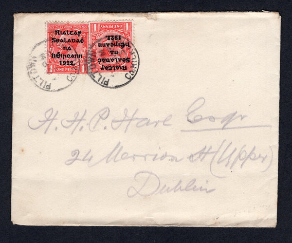 IRELAND - 1923 - PROVISIONAL ISSUE & CANCELLATION: Cover franked with 2 x 1922 1d scarlet GV issue with 'Provisional Government of Ireland 1922' second THOM overprint in blue black (SG 31) tied by two fine strikes of PILTOWN CO. KILKENNY cds dated 3 MAR 1923. Addressed to DUBLIN.  (IRE/32880)