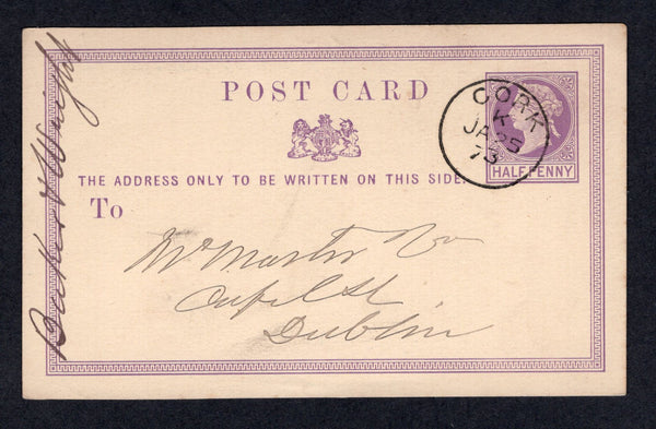 IRELAND - 1873 - GREAT BRITAIN USED IN IRELAND & POSTAL STATIONERY: ½d violet on cream QV postal stationery card of Great Britain (H&G 1a) used with superb CORK cds dated JAN 25 1873. Addressed to DUBLIN.  (IRE/33008)