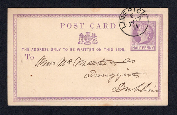 IRELAND - 1871 - GREAT BRITAIN USED IN IRELAND & POSTAL STATIONERY: ½d violet on cream QV postal stationery card of Great Britain (H&G 1a) used with superb LIMERICK cds dated JUL 17 1871. Addressed to DUBLIN.  (IRE/33010)