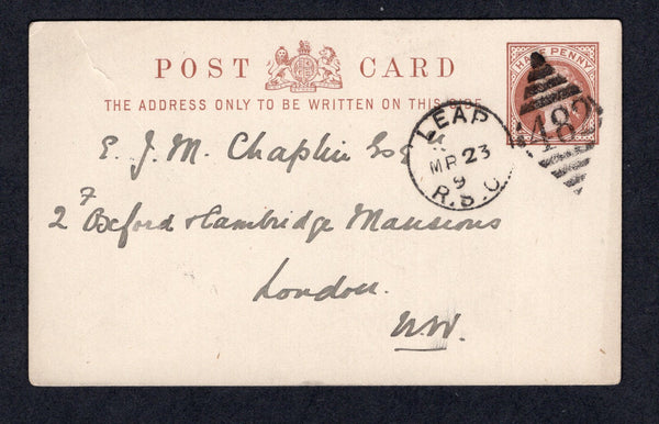 IRELAND - 1898 - GREAT BRITAIN USED IN IRELAND & POSTAL STATIONERY: ½d brown QV postal stationery card of Great Britain (H&G 16b) on thick card used with superb strike of diamond '482' and LEAP R.S.O. duplex cds dated MAR 23 1898. Addressed to UK.  (IRE/33015)