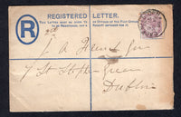 IRELAND - 1896 - GREAT BRITAIN USED IN IRELAND & POSTAL STATIONERY: 2d blue QV postal stationery registered envelope of Great Britain (H&G C23 with compensation table pasted onto reverse) used with added 1881 1d lilac (SG 172) tied by BAGENALSTOWN cds dated OCT 19 1896. Addressed to DUBLIN with arrival mark on reverse.  (IRE/33024)