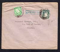 IRELAND - 1926 - INSTRUCTIONAL MARK: Cover franked with 1922 2d grey green (SG 74) tied by BAILE ATAH CLIATH (Dublin) cds dated 28 JUN 1926 with time code 7.00pm and assessed as late with added 1922 ½d bright green (SG 71) tied by the same cds with fine strike of boxed 'LATE FEE PAID' marking in green alongside. Addressed to UK.  (IRE/33038)