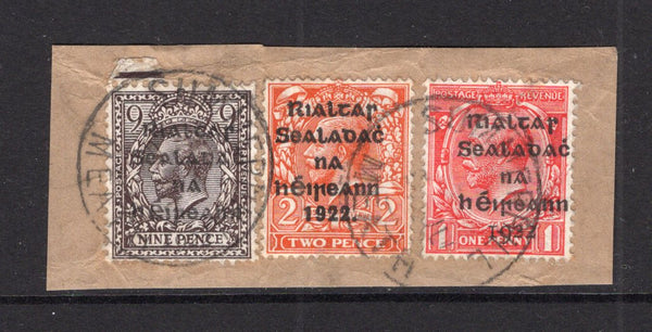 IRELAND - 1922 - PROVISIONAL ISSUE: 1c scarlet and 9d agate with 'Provisional Government of Ireland 1922' DOLLARD overprint in black and 2d orange GV issue, Die 1 with 'Provisional Government of Ireland 1922' second THOM overprint in blue black all tied on piece by two strikes of SUMMERHILL MEATH cds dated 5 JUL 1922. (SG 2, 8 & 33)  (IRE/33090)