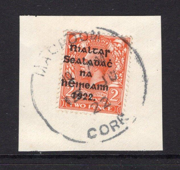 IRELAND - 1922 - PROVISIONAL ISSUE & CANCELLATION: 2d orange GV issue, Die 1 with 'Provisional Government of Ireland 1922' first THOM overprint in black tied on piece by fine strike of large MACROOM CORK skeleton cds dated 19 JUN 1922. (SG 12)  (IRE/33092)