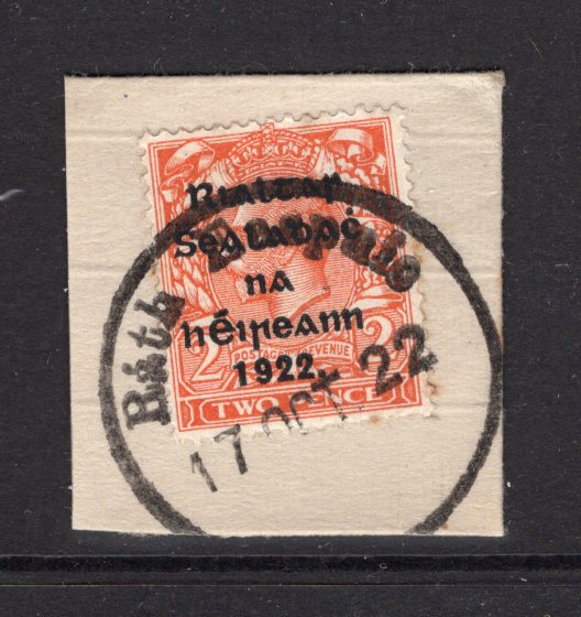 IRELAND - 1922 - PROVISIONAL ISSUE & CANCELLATION: 2d orange GV issue, Die 2 with 'Provisional Government of Ireland 1922' second THOM overprint in blue black tied on piece by fine strike of RATH EASPUIG (Rathapsick) provisional cds dated 17 OCT 1922. A scarce cancel, this office closed in 30 JAN 1924. (SG 34)  (IRE/33095)