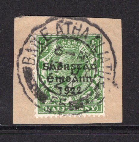 IRELAND - 1922 - COIL ISSUE: ½d green GV issue with 'Irish Free State 1922' HARRISON overprint for use in COILS, a fine used copy tied on piece by BAILE ATHA CLIATH (Dublin) cds dated 17 JUL 1924. (SG 67)  (IRE/33444)