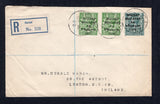 IRELAND - 1922 - PROVISIONAL ISSUE & REGISTRATION: Registered cover franked with 1922 2 x ½d green and 4d grey green GV issue with 'Provisional Government of Ireland 1922' first DOLLARD overprint in black (SG 1 & 6) tied by multiple strikes of CAVAN cds dated MAY 16 1922 with printed blue on white 'Cavan' registration label alongside. Addressed to UK with transit & arrival marks on reverse.  (IRE/33513)
