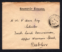 IRELAND - 1923 - OFFICIAL MAIL: Stampless cover with printed 'SAORSTAT EIREANN' in black at top to denote official business with good strike of BAILE ATHA CLIATH 'Dublin' cds dated 9 OCT 1923. Addressed to 'H. M. P. Hare Esq, Solicitor, Irish Land Commission, Upper Merrion Street, Dublin'.  (IRE/33891)
