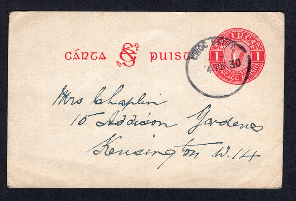 IRELAND - 1930 - POSTAL STATIONERY & CANCELLATION: 1d red on greyish white 'Harp' postal stationery card (FAI #P2b, H&G 3) datelined 'Fethard 3rd Nov 1930' used with fine strike of CNOC BRIOT temporary rubber 'Skeleton' cds (Knockbrett) dated 4 NOV 1930. Addressed to UK. Card has light diagonal crease.  (IRE/34380)