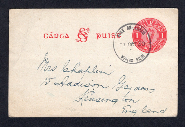 IRELAND - 1930 - POSTAL STATIONERY & CANCELLATION: 1d red on greyish white 'Harp' postal stationery card (FAI #P2b, H&G 3) datelined 'Fethard 30th Sept 30' used with fine strike of BAILE AN IDBAIR, DURLAS EILE temporary rubber 'Skeleton' cds (Ballinure, Thurles) dated 1 OCT 1930. Addressed to UK.  (IRE/34381)