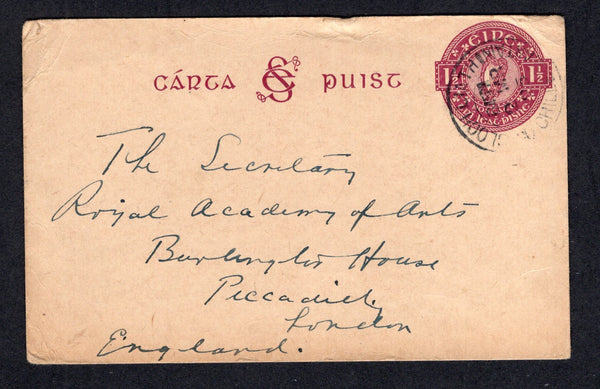 IRELAND - 1925 - POSTAL STATIONERY: 1½d purple on buff 'Harp' postal stationery card (FAI #P1, H&G 1) used with CLOCH LIATH CO. CHILLE MAINTAIN cds (Greystones) dated 2 MAR 1925. Addressed to UK. Some edge wear.  (IRE/34382)