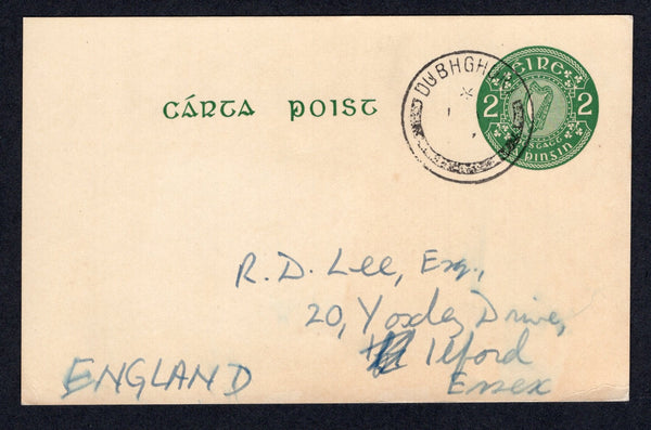 IRELAND - 1957 - POSTAL STATIONERY: 2d green on cream 'Harp' postal stationery card (FAI #P6b, H&G 9) used with DUBHGHORF cds (Dughort). Addressed to UK.  (IRE/34385)