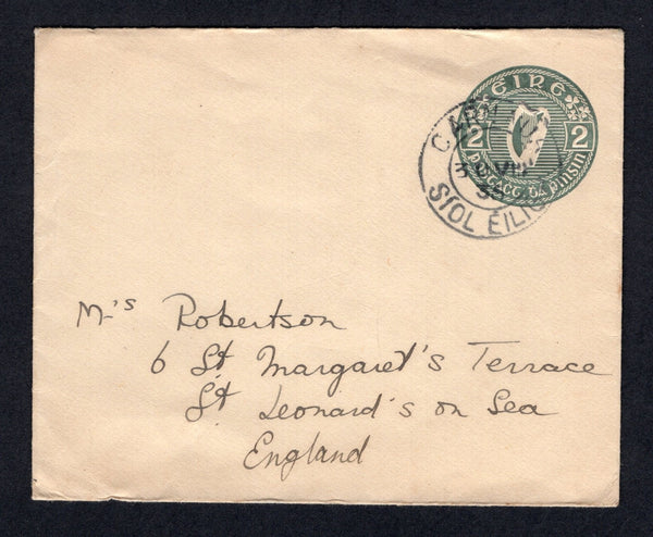 IRELAND - 1935 - POSTAL STATIONERY: 2d pale olive green 'Harp' postal stationery envelope (FAI #U1h, H&G B10) used with CARN NUA SIOL EILIGH cds (Carnew) dated 30 VIII 1935. Addressed to UK.  (IRE/34391)