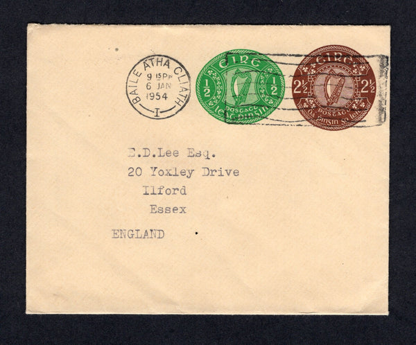 IRELAND - 1954 - POSTAL STATIONERY: 2½d brown + ½d green 'Harp' postal stationery envelope (FAI #U5d, H&G B16) used with BAILE ATHA CLIATH roller cancel (Dublin) dated 6 JAN 1954. Addressed to UK.  (IRE/34393)