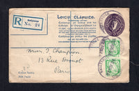 IRELAND - 1924 - POSTAL STATIONERY & REGISTRATION: 5d purple 'Harp' postal stationery registered envelope (FAI #EU 2b G, H&G C5a) used with added pair 1922 ½d bright green (SG 71) tied by multiple strikes of BALLYVOIGE CO. CORK temporary rubber 'Skeleton' cancel dated 22 NOV 1924 with printed blue on white 'Ballyvoige' registration label alongside. Addressed to FRANCE. Fine and scarce.  (IRE/34394)