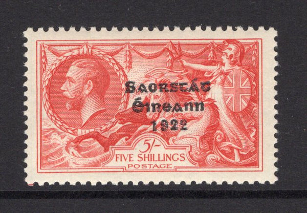 IRELAND - 1935 - SEAHORSE ISSUE: 5/- bright rose red GV re-engraved 'Seahorse' issue with 'Irish Free State 1922' overprint in black, a fine mint copy. (SG 100)  (IRE/34481)