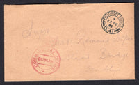 IRELAND - 1922 - TRANSITION PERIOD & MILITARY MAIL: Stampless 'On His Majesty's Service' economy envelope with fine strike of FIELD POST OFFICE D.41 cds of the 6th Division located in BELFAST dated 23 FEB 1922 (just six days after the issue of the first Irish stamps). Addressed to 'Supt No. 1 Remount Depot, Island Bridge, Dublin' with circular 'COMMAND PAY OFFICE DUBLIN' arrival cachet in red on front. Fine & rare.  (IRE/35915)