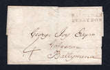 IRELAND - 1835 - PRESTAMP & PENNY POST: Cover with BELFAST cds on reverse dated APR 21 1835. Addressed to GALGORM, BALLYMENA with fine strike of two line 'BALLYMENA PENNYPOST' marking in black on front. Rated '4d' in manuscript. Small tear at centre top.  (IRE/36798)