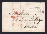 IRELAND - 1835 - PRESTAMP: Complete folded letter datelined 'Kingston 5th Sep 1835' with good strike of framed 'T.P. Kingston' marking in black on front with handstruck '3' rate marking. Addressed to LONDON with good strike of oval '7. NIGHT. 7' transit mark in red on reverse.  (IRE/36804)