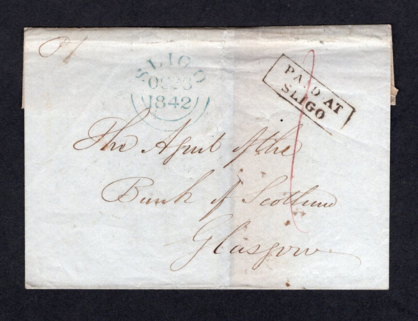 IRELAND - 1842 - PRESTAMP: Cover with manuscript 'Pd' at top, rated '1d' in red manuscript with fine strike of boxed 'PAID AT SLIGO' marking in black with SLIGO cds in blue dated OCT 28 1842 alongside. Addressed to GLASGOW, SCOTLAND with ENNISKILLEN and BELFAST transit cds's and boxed GLASGOW arrival mark on reverse.  (IRE/36828)