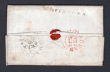 IRELAND - 1840 - PRESTAMP: Complete folded letter with manuscript 'Prepaid' and large red 'P 1' rate marking on front with fine strike of straight line 'FINTONA' on reverse. Addressed to BELFAST with MONAGHAN transit cds in red, OMAGH transit cds in black and BELFAST arrival cds dated JUL 22 1840 all on reverse.  (IRE/36835)
