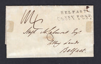 IRELAND - 1834 - PRESTAMP & PENNY POST: Incoming complete folded letter datelined 'Royal Crescent, Bath, Feb 6 1834', rated '1/4' in manuscript with good strike of two line 'BELFAST PENNY POST' marking in black applied on arrival and diamond arrival mark in red on reverse.  (IRE/36847)