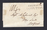 IRELAND - 1834 - PRESTAMP & PENNY POST: Incoming complete folded letter datelined 'Royal Crescent, Bath, Feb 6 1834', rated '1/4' in manuscript with good strike of two line 'BELFAST PENNY POST' marking in black applied on arrival and diamond arrival mark in red on reverse.  (IRE/36847)