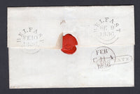 IRELAND - 1837 - PRESTAMP & ADDITIONAL ½: Complete folded letter datelined 'Belfast 9th Febry 1836' with two fine strikes of BELFAST cds dated FEB 10 1836 on reverse with good strike of framed 'TOO LATE' marking alongside. Addressed to EDINBURGH, rated '1/2½' in manuscript which included an additional ½d to pay the 'Stagecoach Wheel Tax'. Arrival cds on reverse.  (IRE/36855)