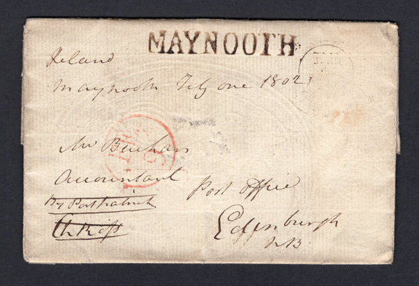 IRELAND - 1802 - PRESTAMP & BISHOP MARK: Cover with manuscript 'Ireland, Maynooth July One 1802' at top with superb strike of straight line 'MAYNOOTH' marking in black. Addressed to EDINBURGH with circular 'FE 9' BISHOP MARK and an additional small circular arrival mark in black on front.  (IRE/36857)