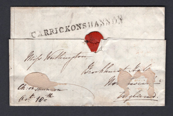 IRELAND - 1837 - PRESTAMP & OFFICIAL MAIL: Complete folded 'Free' letter with superb strike of straight line 'CARRICKSHANNON' marking in black on reverse with CROWN 'FREE' cds in red on front dated 19 OCT 1837. Addressed to NOTHWICH, ENGLAND.  (IRE/36858)