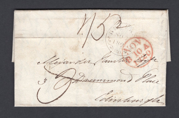 IRELAND - 1827 - PRESTAMP, MILEAGE MARK & ADDITIONAL ½: Cover with good strike of circular BELFAST 80 dated mileage mark in black on front dated NOV  7 1820 and originally rated '3d' in manuscript crossed through and re-rated '1/5½' which included an additional ½d to pay the 'Stagecoach Wheel Tax'. Addressed to EDINBURGH with arrival cds on front.  (IRE/36859)