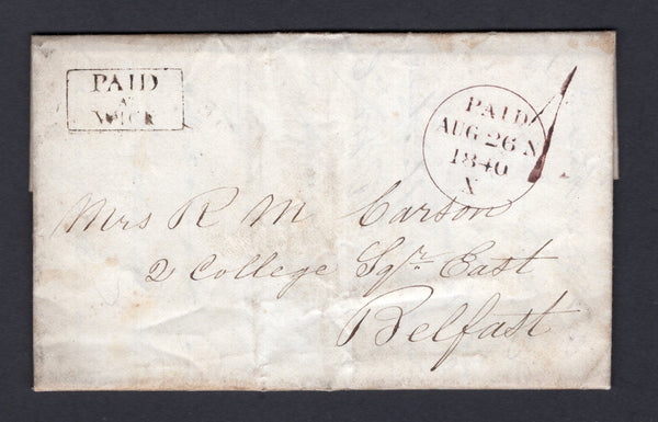IRELAND - 1840 - PRESTAMP: Complete folded letter datelined 'Wick 24th Aug 1840' with good strike of small boxed 'PAID AT WICK' marking in black on front with handstruck serifed '1' in red alongside and single ring WICK cds dated 25 AUG 1840 on reverse. Addressed to BELFAST with transit & arrival marks on front & reverse.  (IRE/36866)