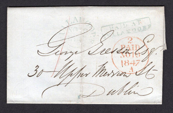 IRELAND - 1847 - PRESTAMP: Complete folded letter with fine strike of boxed 'PAID AT TULLAMORE' marking and TULLAMORE cds dated NOV 3 1847 both in blue on front, rated '1d' in red manuscript. Addressed to DUBLIN with arrival cds also on front.  (IRE/36893)