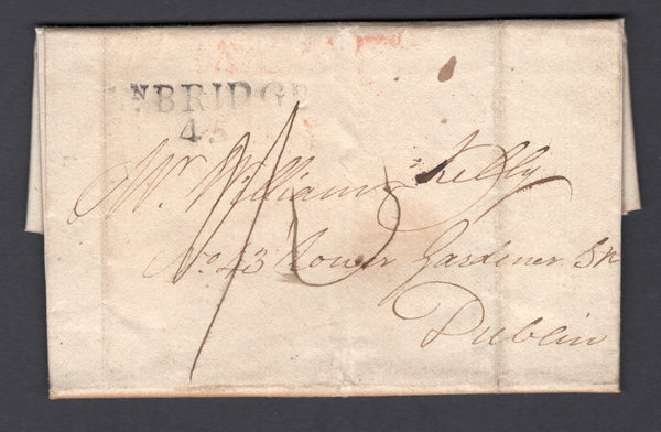 IRELAND - 1821 - PRESTAMP & MILEAGE MARK: Complete folded letter datelined 'Royal Oak July 1821'  with good strike of 'LNBRIDGE 45' mileage mark in black on front (Leighlinbridge) and rated '1/5' in manuscript. Addressed to DUBLIN with arrival mark on reverse.  (IRE/36898)